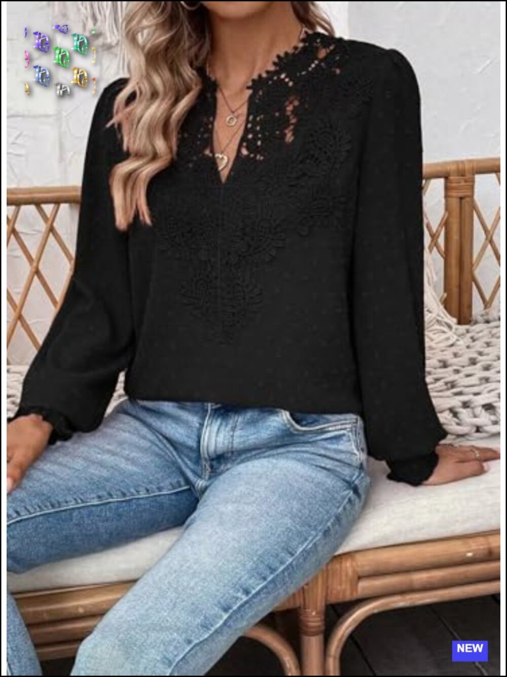 Women's Long Sleeve Boho Floral V Neck Blouse - Crochet Hollow Ruffled Cuffs - Picture 2 of 6